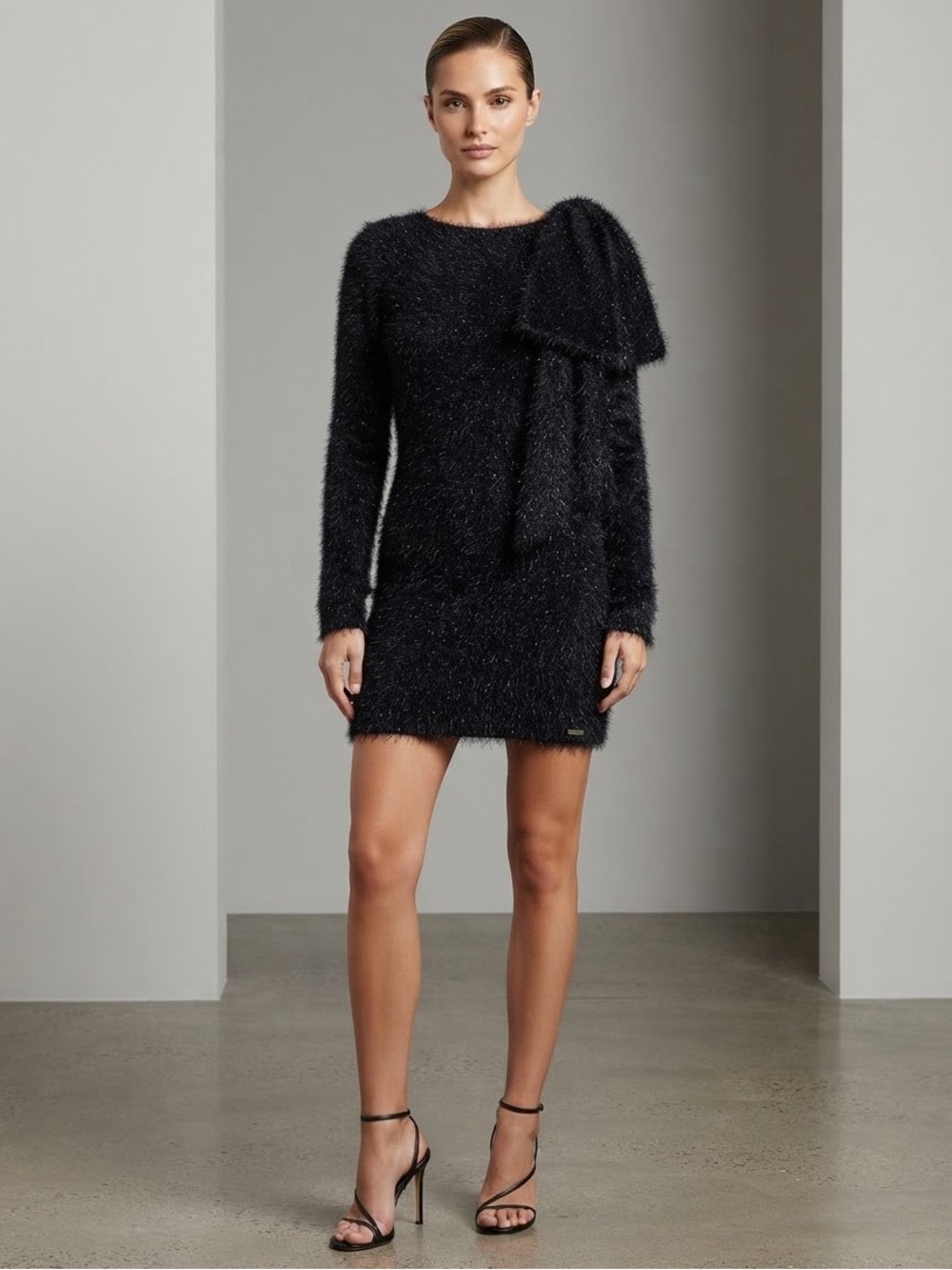 ASOS Design Luxe Open-Back Black Fuzzy  Long-Sleeve Mini Dress with Bow